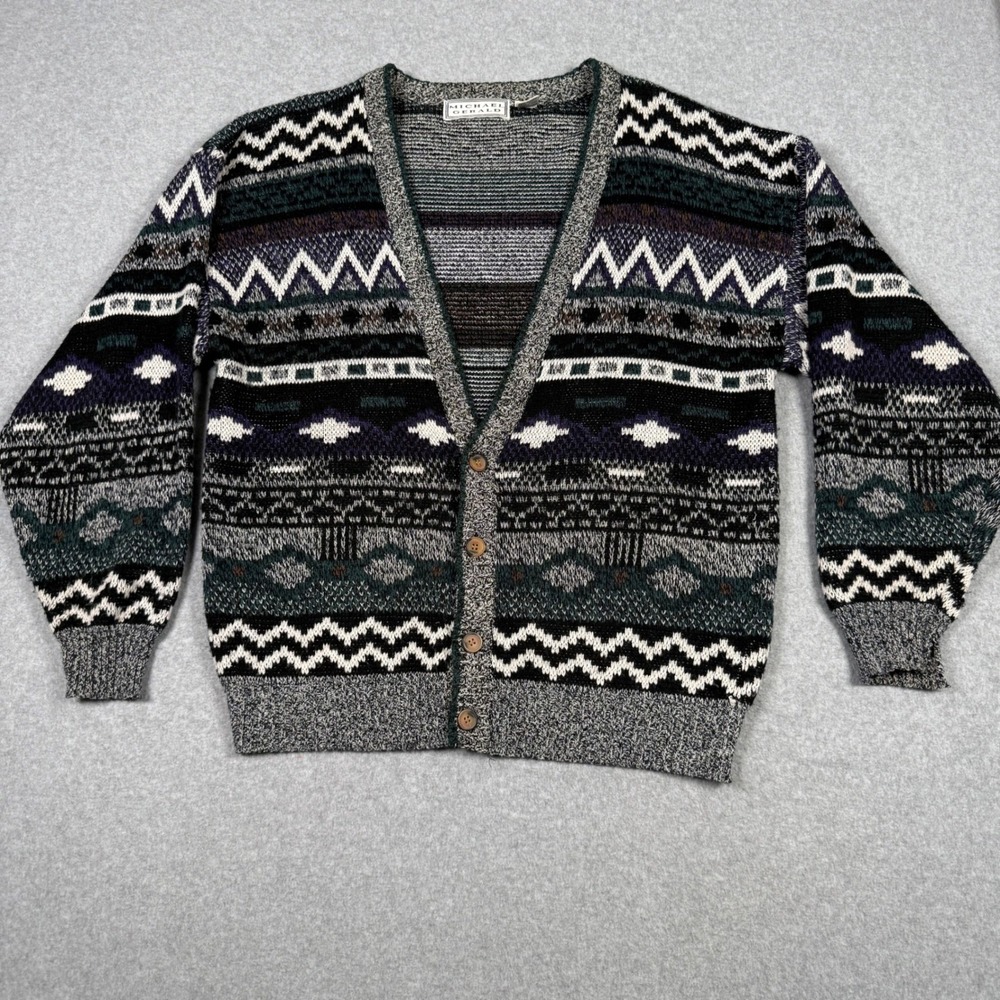 Michael Gerald Vintage 90s Geometric Fair Isle Grandpa Core Cardigan Sweater XL